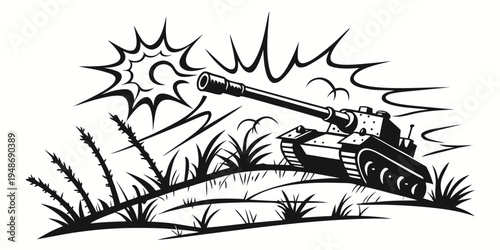 a black and white drawing of a tank on a hill Vector