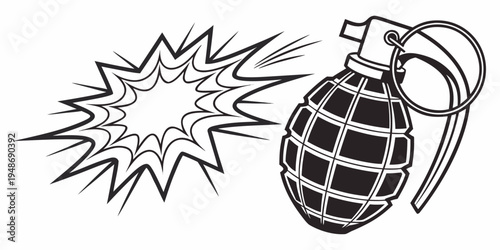 a black and white drawing of a grenade exploding Vector