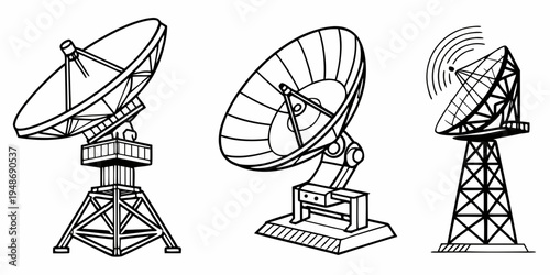 Three different satellite dishes on various mounts Vector