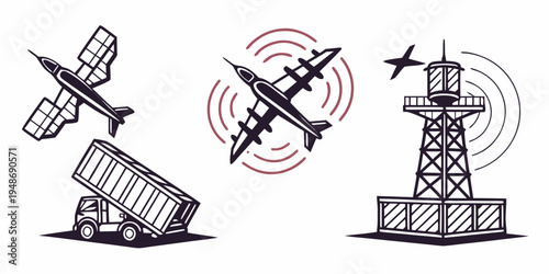 a set of illustrations of aircraft and a communication tower Vector
