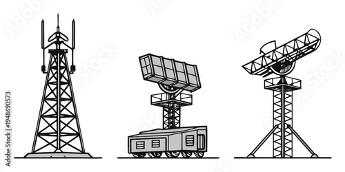 three different types of communication and radar towers Vector