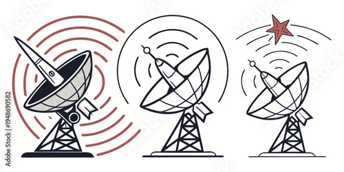 Three radio telescopes in different signal reception states Vector