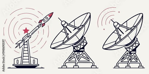 a set of satellite dishes with red signals Vector