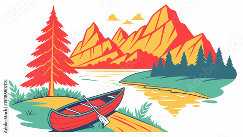 red canoe on a lake with mountains and a pine tree Vector