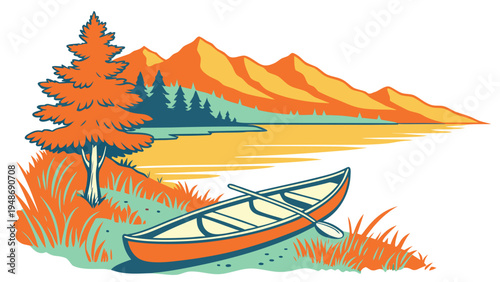 a small orange and white boat sitting on the shore Vector