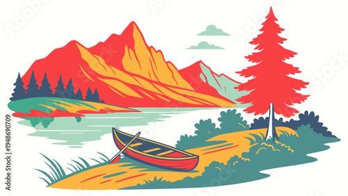 a colorful illustration of a canoe on a lake shore Vector