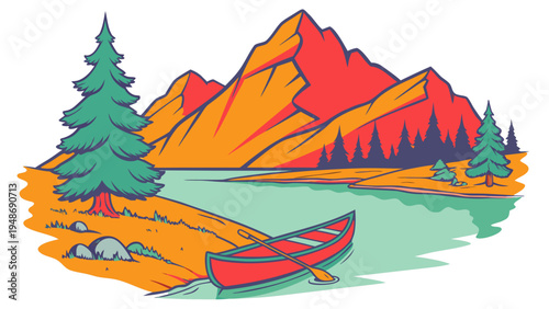 a red canoe floats on a lake near a mountain range Vector