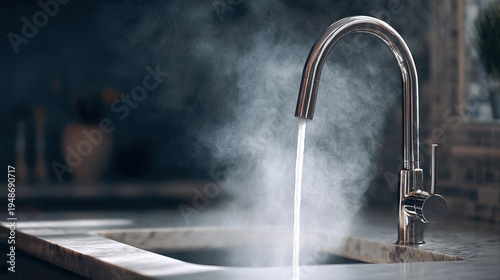 Stunning photo of steaming hot water pouring from a modern kitchen faucet into a sink.