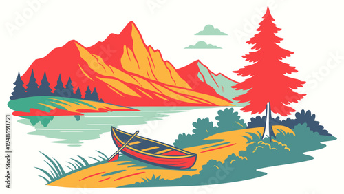 a colorful illustration of a canoe on a lake shore Vector