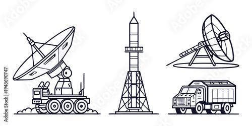 a set of space communication and transport equipment Vector