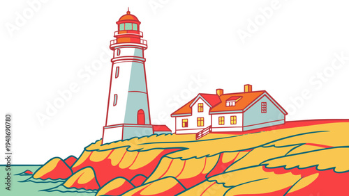 a lighthouse on a rocky cliffside by the sea Vector