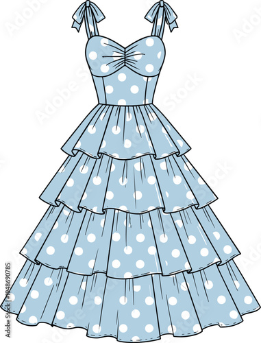 Stylized illustration of sleeveless tiered polka dot dress with sweetheart neckline, bows, and ruffled layers, symbolizing fashion, retro style, elegance, femininity, and creative artwor
