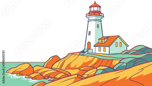 a lighthouse on a rocky cliffside by the sea Vector