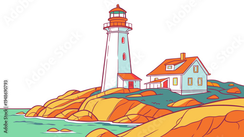 a lighthouse on a rocky coastline with a house next to it Vector