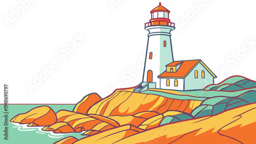 a lighthouse on a rocky cliffside by the sea Vector