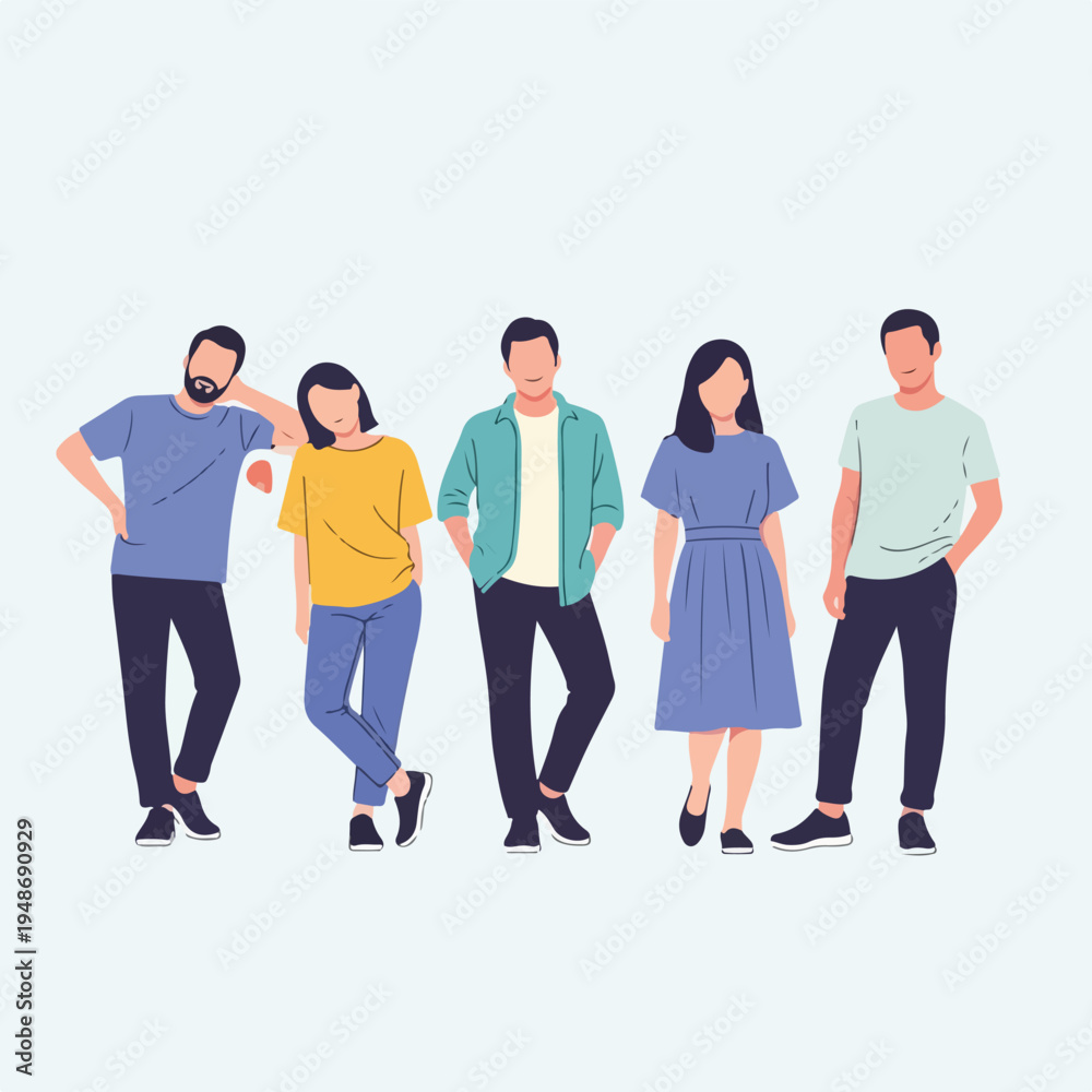 Fototapeta premium Illustration of a diverse group of five people, standing and posing