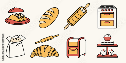 a set of baking icons including bread and a mixer Vector