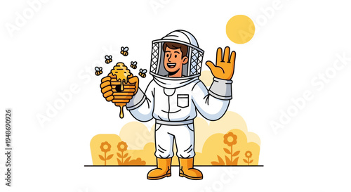 Astronaut man in white spacesuit beekeeping.