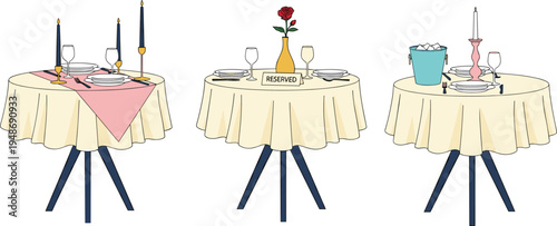 Stylized illustration of three round dining tables with candles, wine glasses, flowers, and reserved sign, restaurant decor artwork concept for food, hospitality, and event design projects