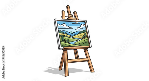 Wooden easel with landscape painting.