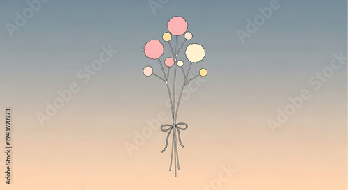 Bouquet of flowers with pink and yellow petals tied with a ribbon against a gradient background white