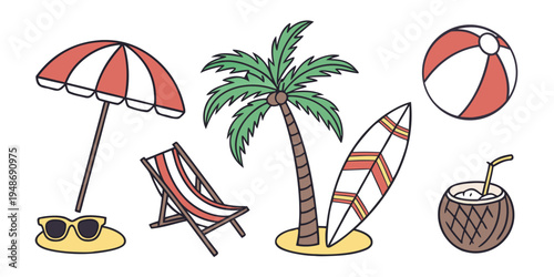 a collection of beach objects including umbrella chair surfboard and ball Vector