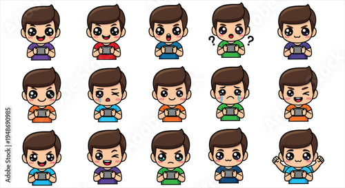 Cute Gamer Boy Character Emote Sticker Set, Cartoon Gaming Avatar Emoji Pack, Streaming Reaction Icons for Twitch Discord Vector