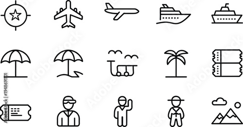 Set of travel and vacation line icons featuring airplane ship beach umbrella and passport