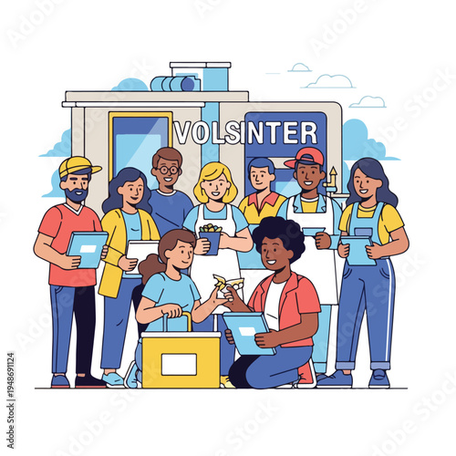 Illustration of a diverse group of people volunteering together