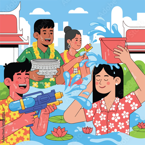 Illustration of a festival with people splashing water and enjoying water guns