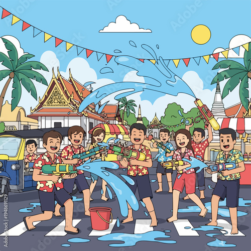 Illustration of a festival with people playfully spraying water guns