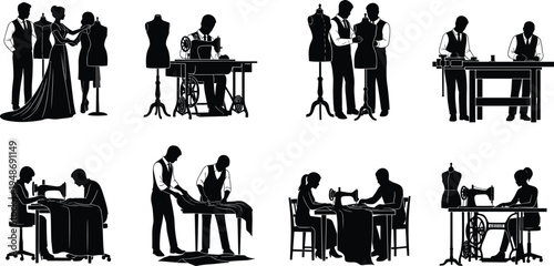Tailor and fashion designer silhouettes sewing clothes with sewing machines, dressmaking workshop and garment production process vector illustration set isolated on white background