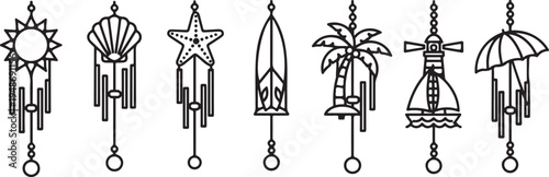 A variety of uniquely designed wind chimes with distinct shapes and patterns Vector