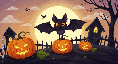 Black Bat Flying Over Pumpkins.