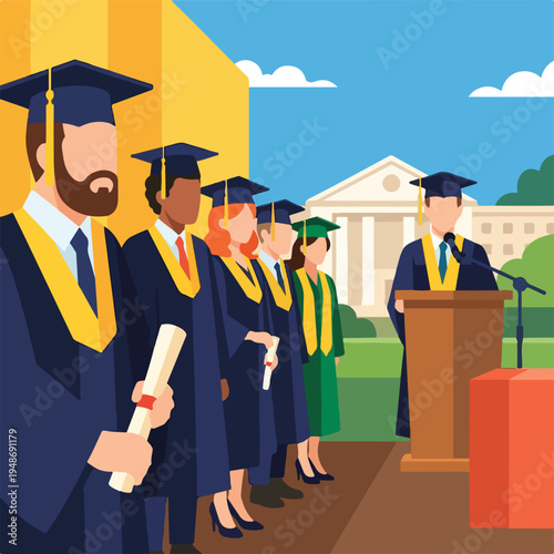Illustration of a graduation ceremony with diverse graduates and speaker