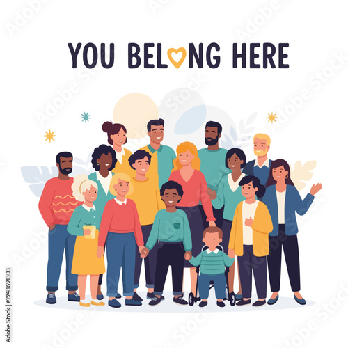 Illustration of a diverse group of people with the text "You Belong Here
