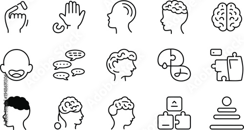 Psychology and mental health line icons including brain function head profiles and puzzle pieces