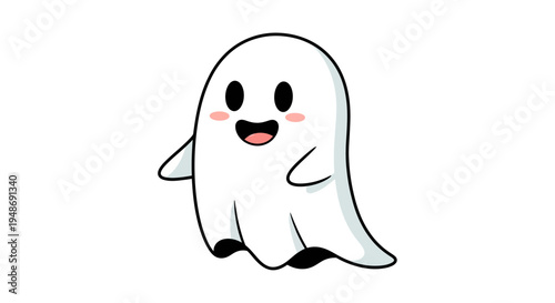 Cute cartoon ghost character smiling.