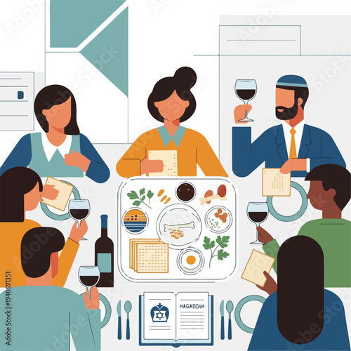 Illustration of a gathering, people around a table sharing a meal
