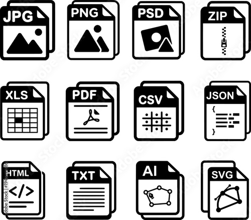 Set of Common Digital File Format Document Icons Including Graphic, Document, Data, and Development Extensions in Flat Line Art Style