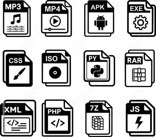 Professional File Format Icon Set Featuring Multimedia, Application, Compressed Archive, and Programming Script Document Extensions