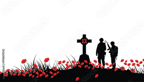 Silhouette of Anzac day soldier with poppies and a cross on a hill