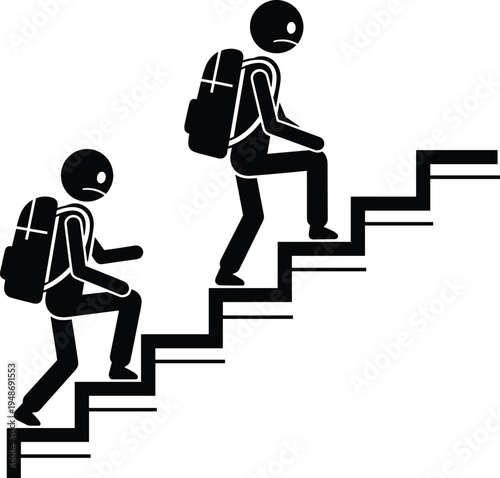 Hiker climbing stairs icon, backpack traveler ascending steps silhouette, hiking adventure progress concept, outdoor journey vector illustration
