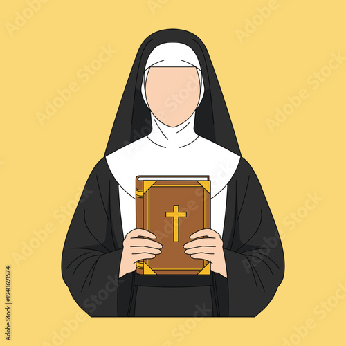 A faceless nun in a black and white habit holding a brown book with a gold cross on the cover standing against a yellow background