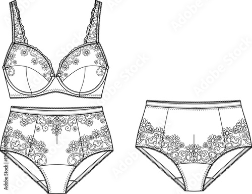 Technical fashion illustration of lingerie set including bra and high-waisted panties with lace detailing, floral embroidery, seam lines, symbolizing garment design, textile artw