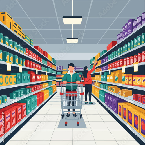 Illustration of a supermarket aisle with shoppers and colorful product displays