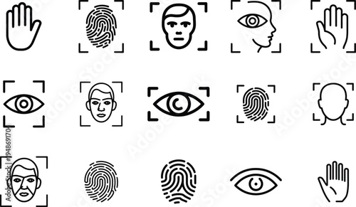 Biometric security and identification line icons featuring fingerprint iris scan and facial recognition