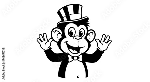 Smiling monkey in tuxedo greeting.