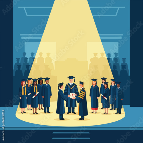 Illustration of a graduation ceremony, with graduates receiving diplomas
