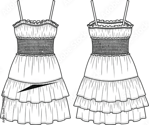 Technical fashion illustration of sleeveless tiered dress with spaghetti straps, ruched bodice, smocked waist, and layered skirt design, showcasing garment construction and apparel pattern details.